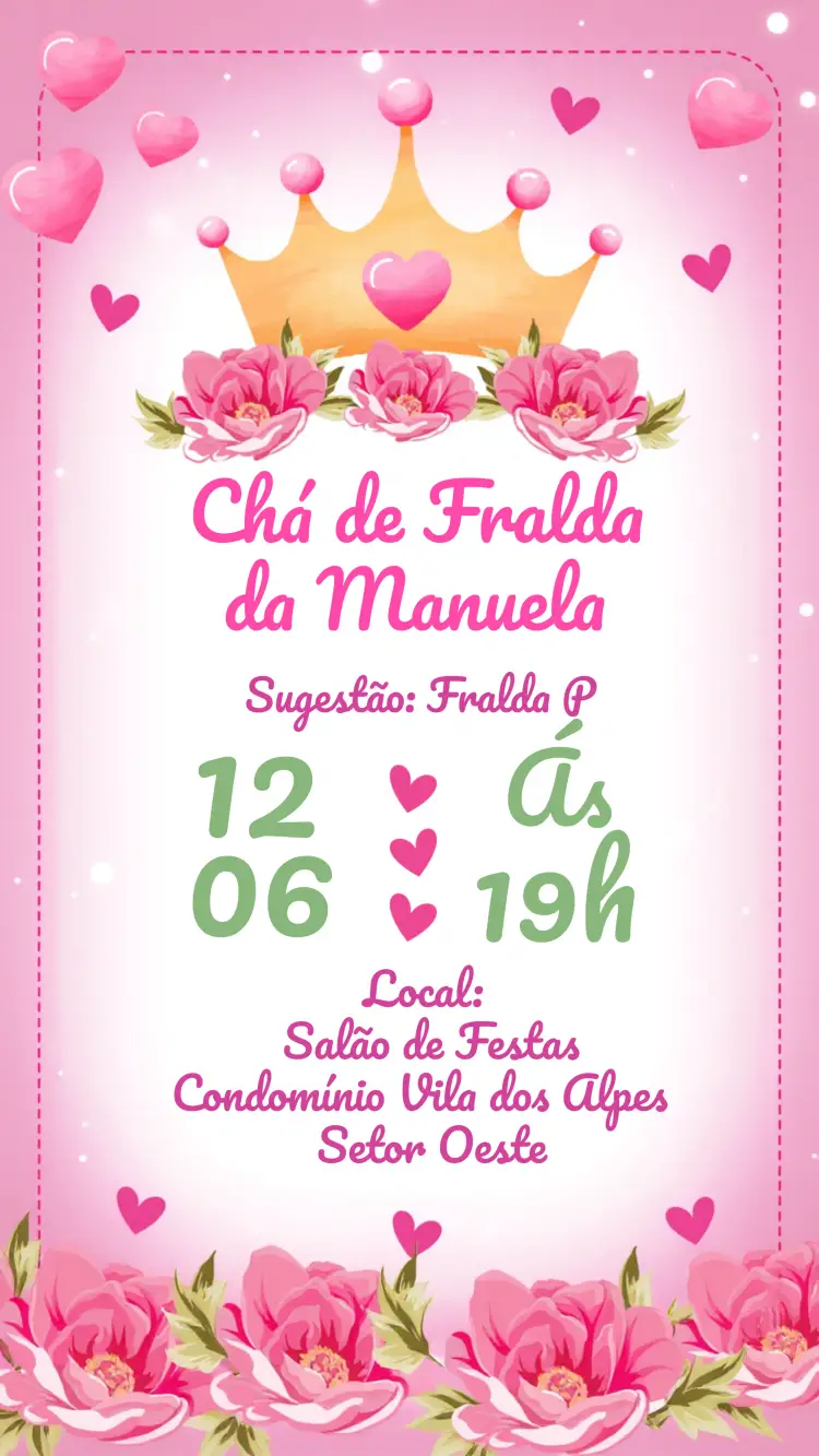 Convite Chá De Fraldas Princesa Floral Corações