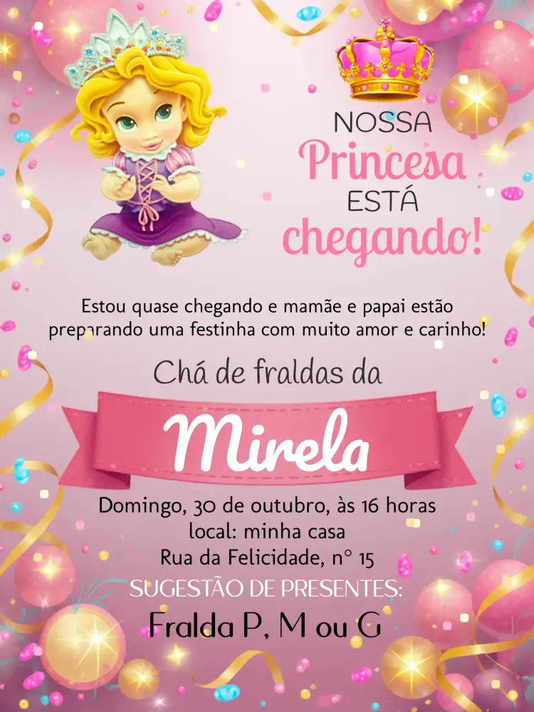 Convite Chá De Fraldas Princesa Rapunzel Realeza – tema Chá de Fraldas rosa, branco, preto, coroa, realeza, princesa