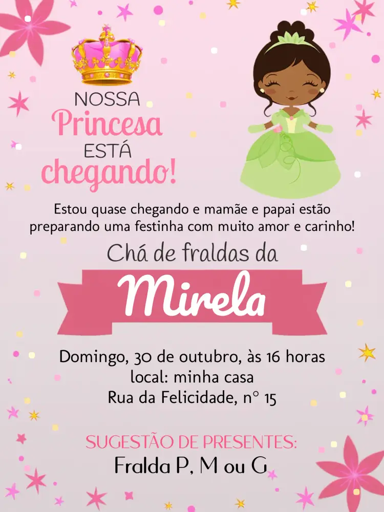 Convite Chá De Fraldas Princesa Tiana Preto