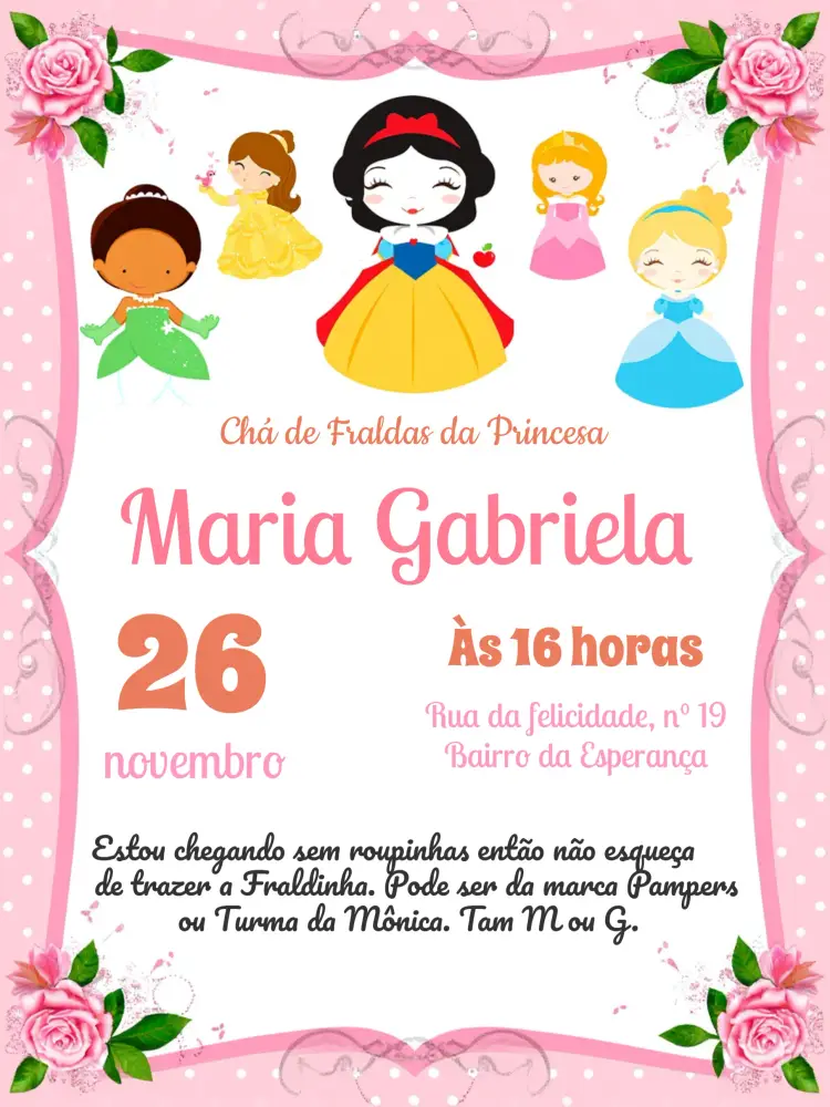 Convite Chá De Fraldas Princesas Da Disney Laranja