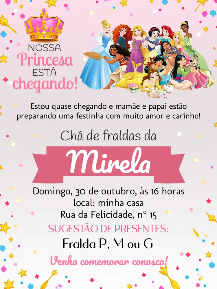 Convite Chá De Fraldas Princesas Realeza – tema Chá de Fraldas rosa, branco, preto, coroa, realeza, princesas