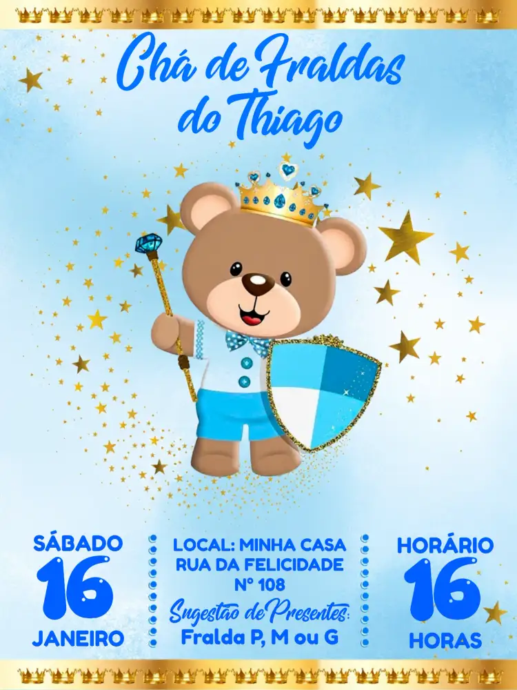 Convite Chá De Fraldas Príncipe Ursinho Branco – tema Chá de Fraldas azul, branco, amarelo, estrelas, coroa, lúdico