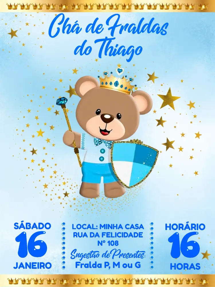 Convite Chá De Fraldas Príncipe Ursinho Branco