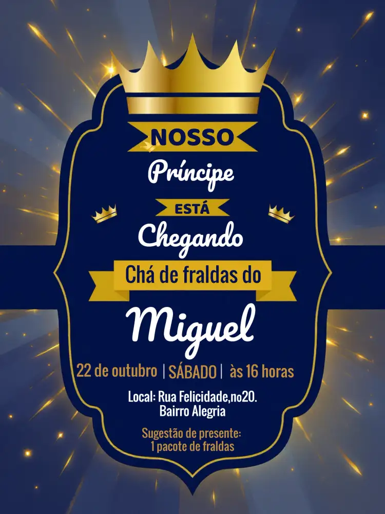 Convite Chá De Fraldas Realeza Bebê – tema Chá de Fraldas realeza, azul, dourado, branco, moderno, brilho