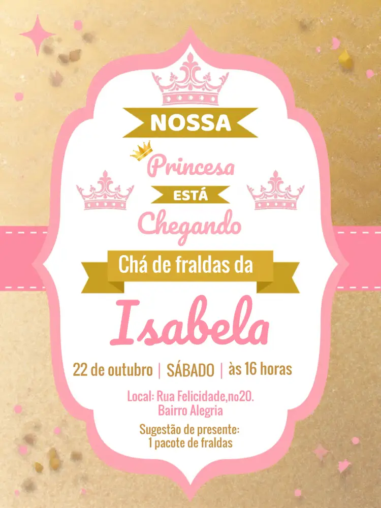 Convite Chá De Fraldas Realeza Rosa – tema Chá de Fraldas rosa, dourado, brilho, princesa, realeza, glitter