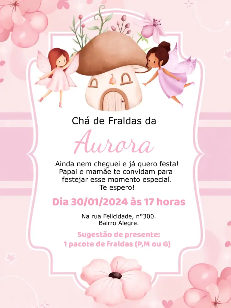Convite Chá De Fraldas Rosa Bosque Fadas Bebê – tema Chá de Panela rosa, fadas, mágico, delicado, floral, encantado