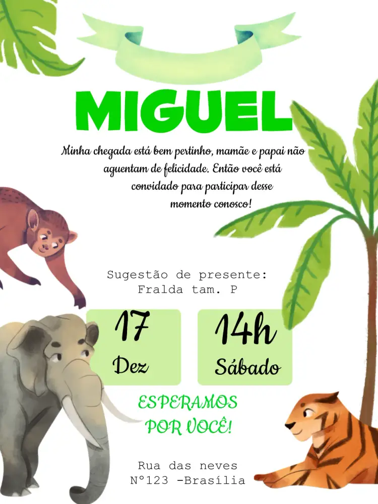 Convite Chá De Fraldas Safari - – tema Chá de Fraldas safari, floresta, animais, vibrante, tropical, colorido