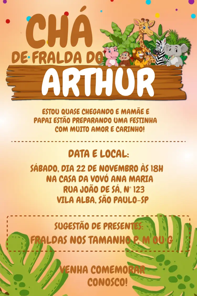 Convite Chá De Fraldas Safari Animais – tema Chá de Fraldas colorido, animais, selva, brincalhão, tropical, divertido