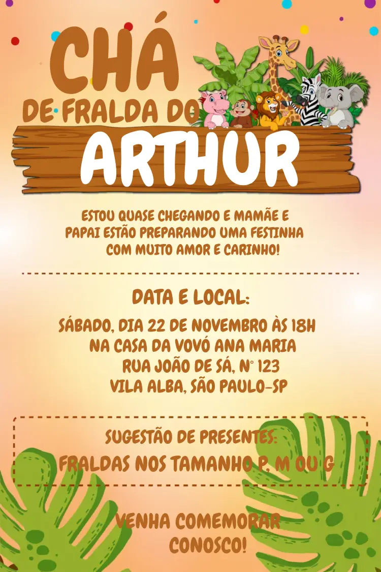 Convite Chá De Fraldas Safari Animais