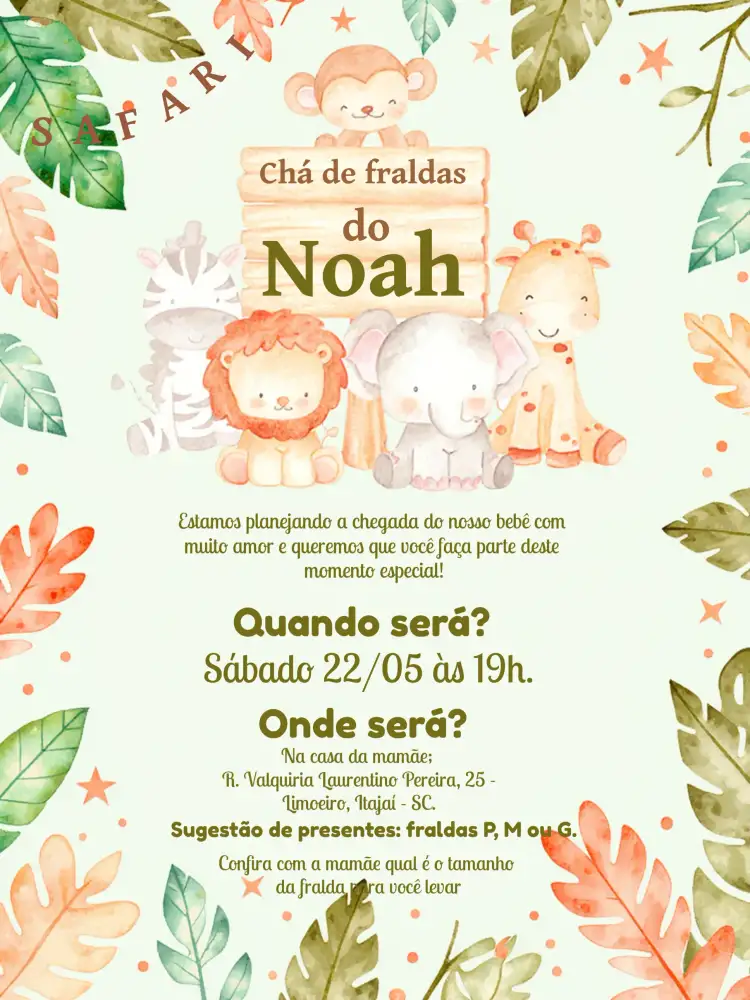Convite Chá De Fraldas Safari Animais – tema Chá de Fraldas safari, natural, colorido, divertido, moderno