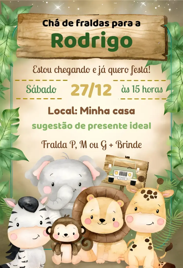 Convite Chá De Fraldas Safari Aquarela Madeira editável e personalizável