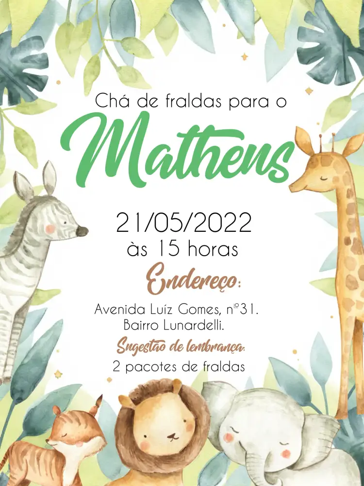 Convite Chá De Fraldas Safari Aquarela Verde – tema Chá de Fraldas safari, aquarela, natureza, animais, cores suaves, estilo infantil