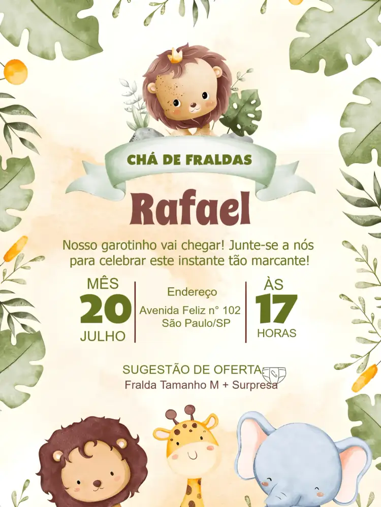 Convite Chá De Fraldas Safari Bebê – tema Chá de Fraldas safari, colorido, animais, infantil, divertido, tropical