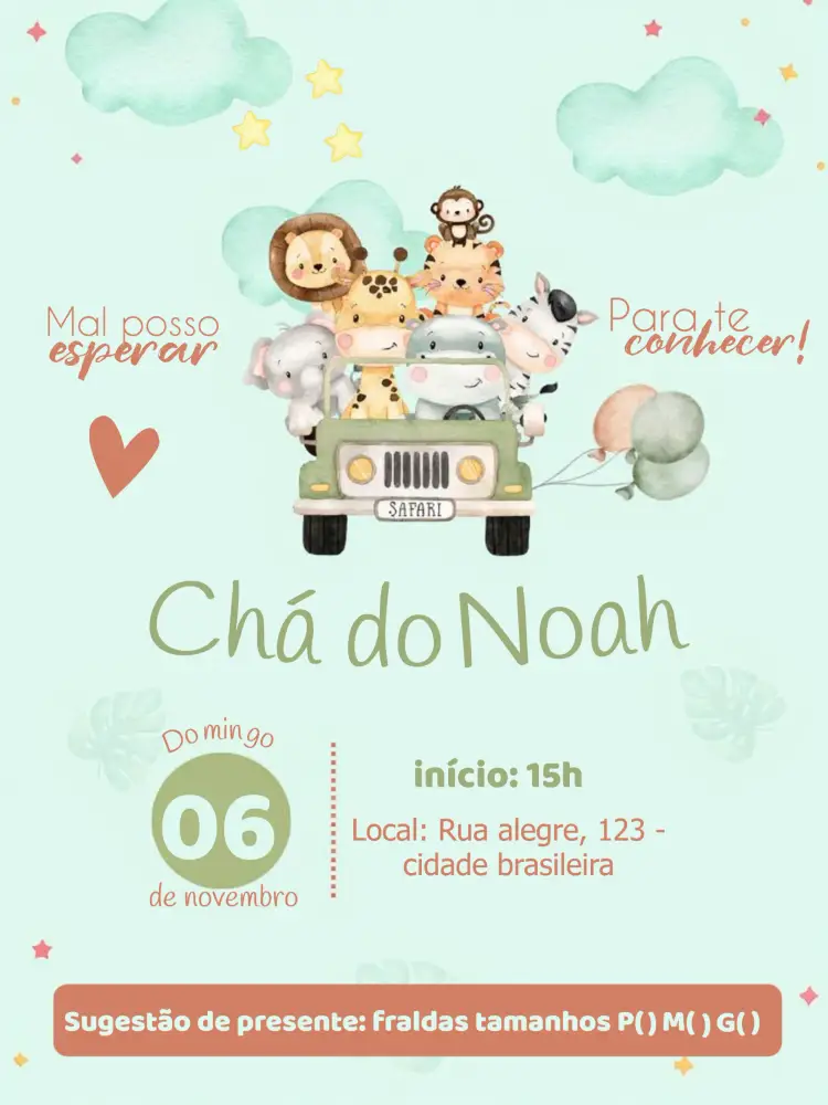 Convite Chá De Fraldas Safari Bebê