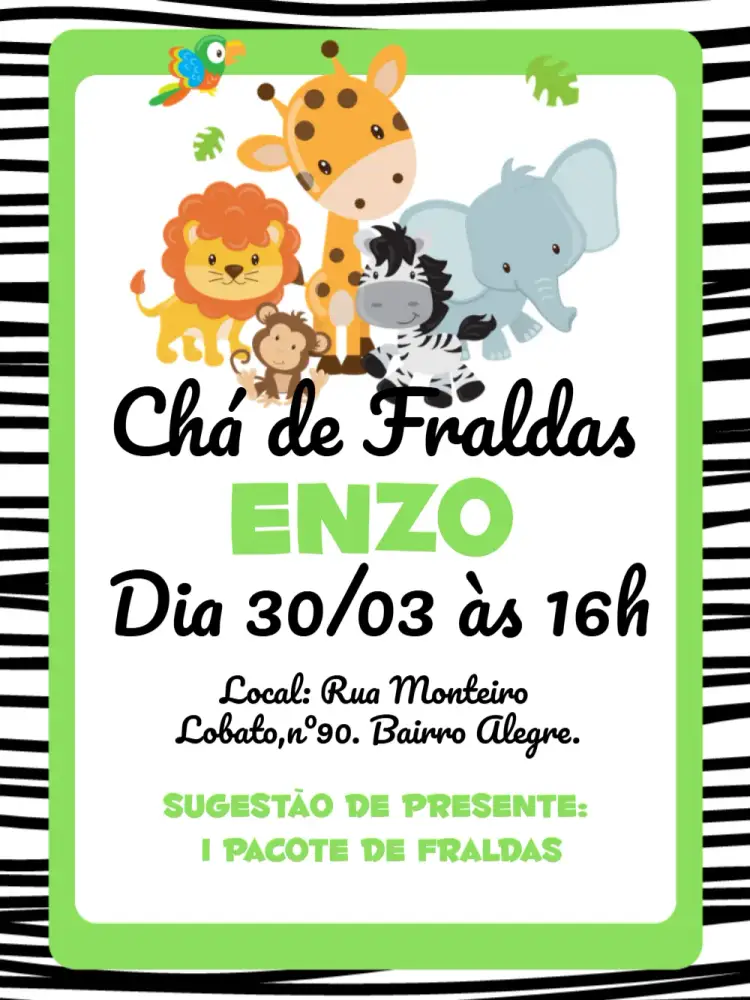 Convite Chá De Fraldas Safari Branco – tema Chá de Panela safari, branco, verde, preto, moderno, divertido