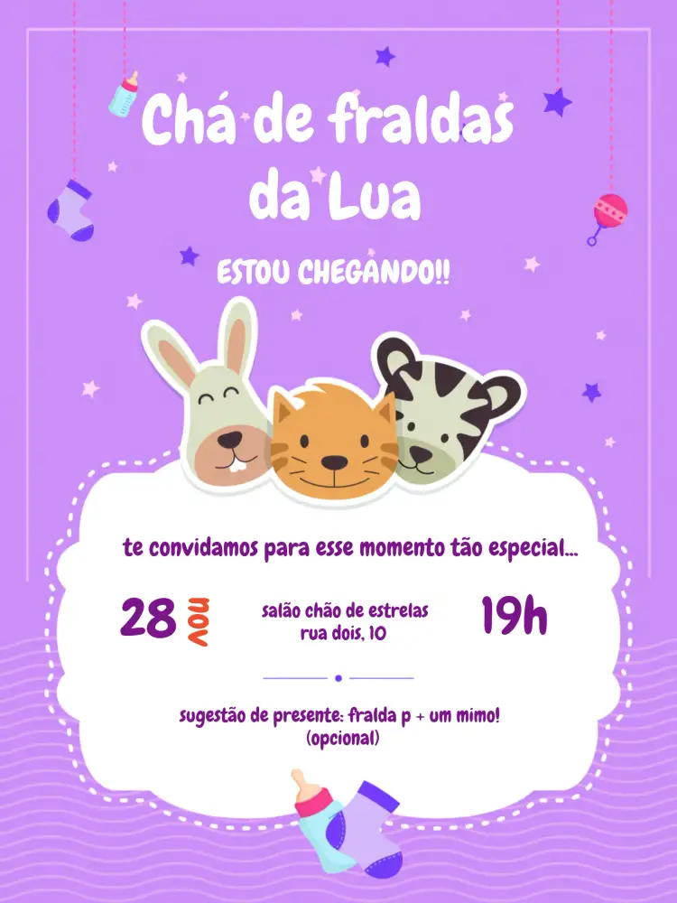 Convite Chá De Fraldas Safari Claro – tema Chá de Fraldas safari, animais, cores suaves, ilustrações divertidas, estilo moderno