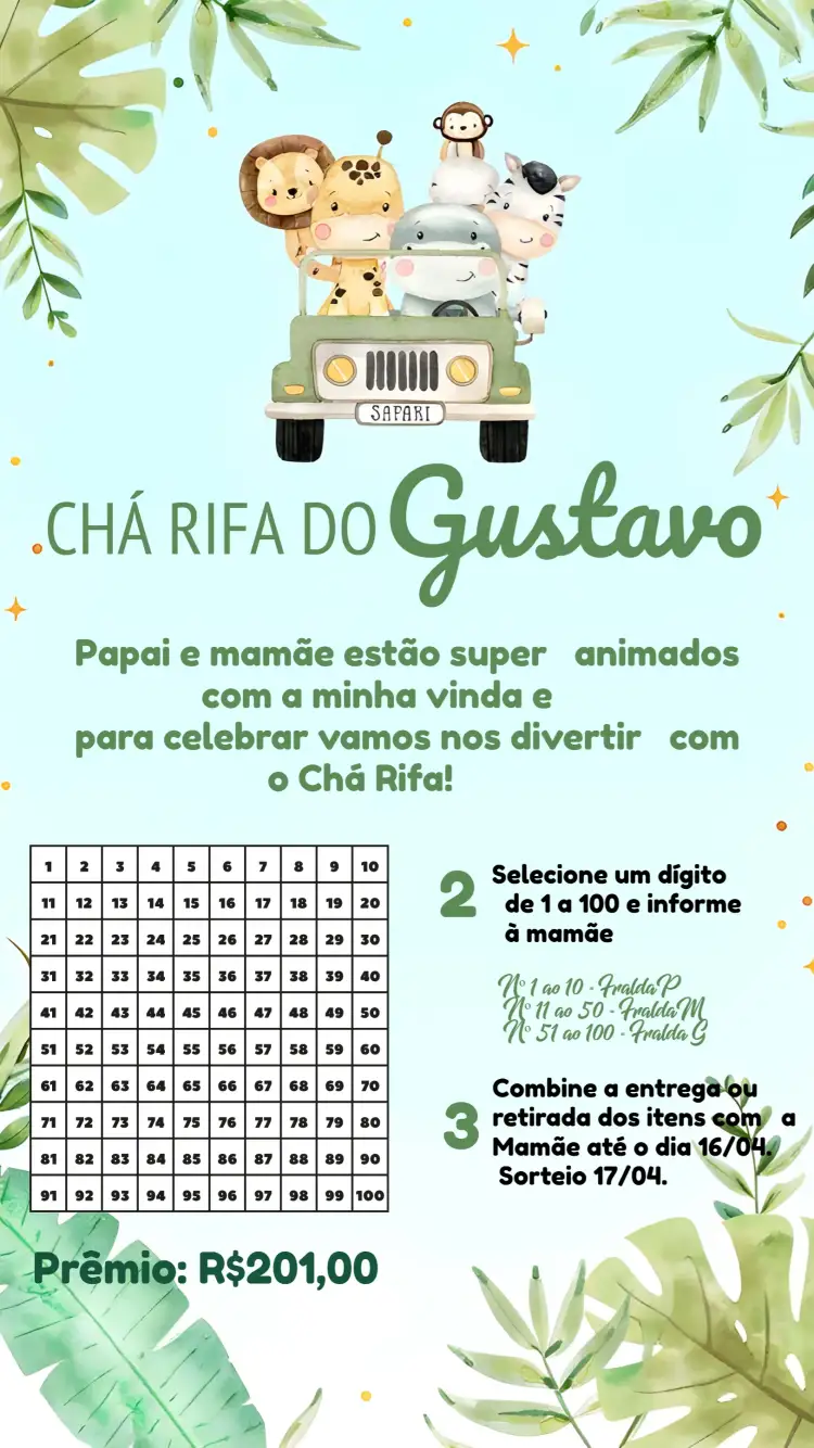 Convite Chá De Fraldas Safari Elefante – tema Chá de Fraldas safari, animais da selva, verde e branco, ilustrações divertidas, tema infantil, natureza
