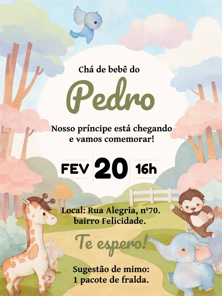 Convite Chá De Fraldas Safari Elefante – tema Chá de Fraldas safari, aquarela, animais, verde, marrom, azul