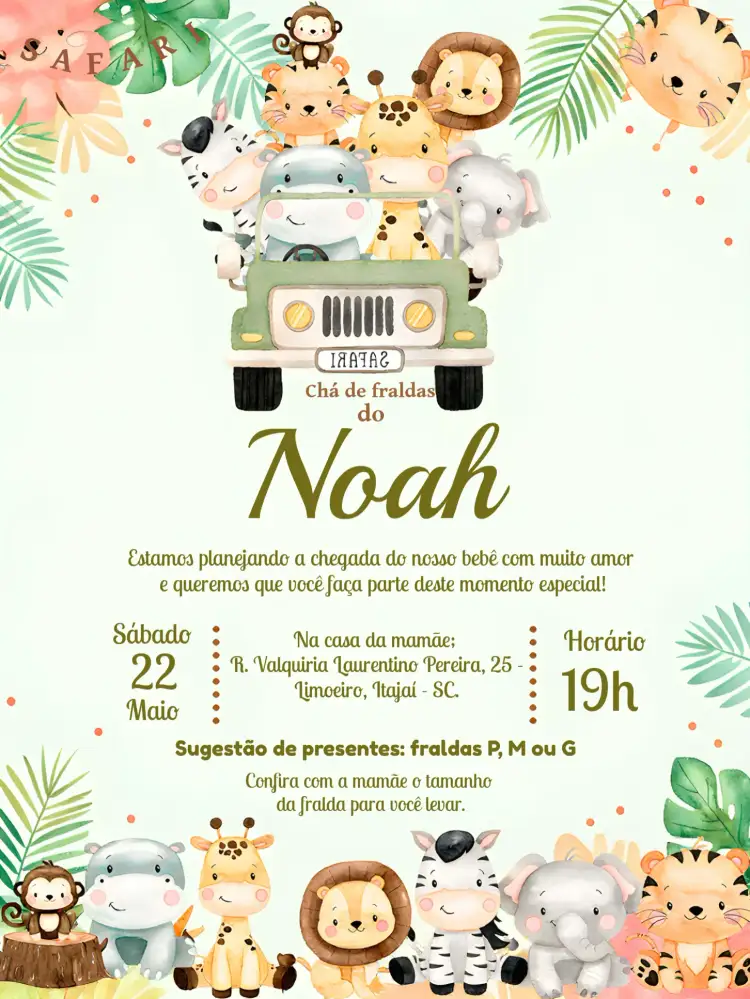 Convite Chá De Fraldas Safari - – tema Chá de Fraldas safari, verde, animais, natureza, aventura, tropical
