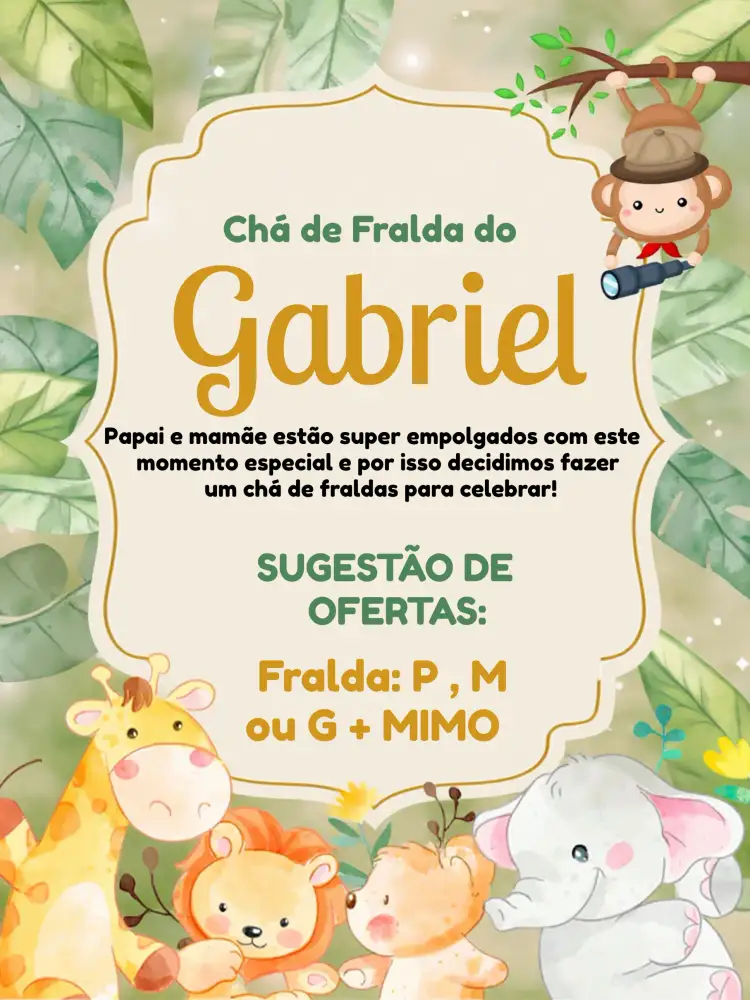 Convite Chá De Fraldas Safari Girafa – tema Chá de Fraldas safari, animais, aquarela, verde e dourado, divertido, colorido