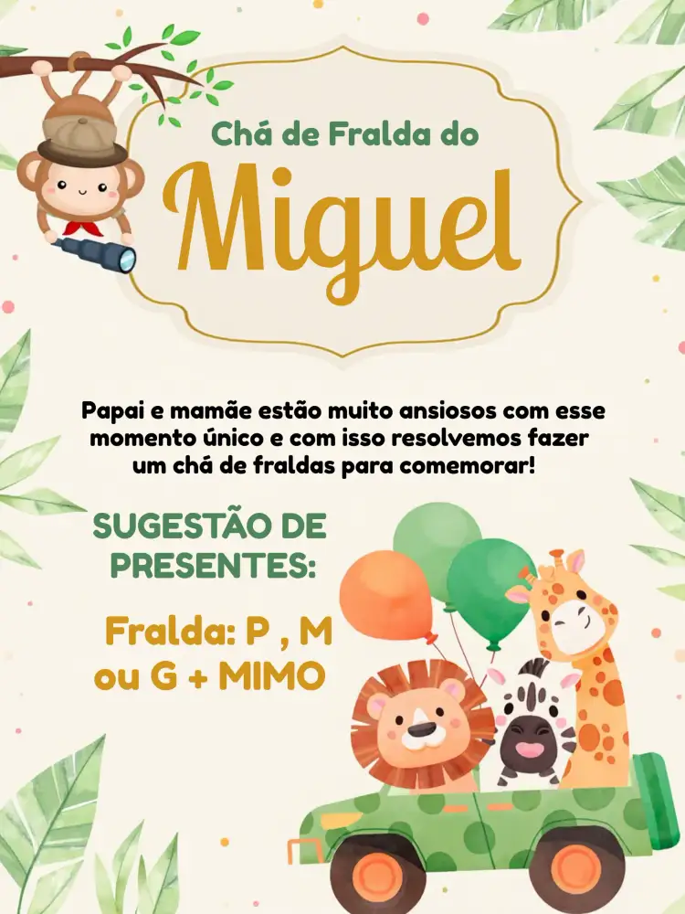 Convite Chá De Fraldas Safari Menino – tema Chá de Fraldas safari, aquarela, dourado, verde, animais, divertido