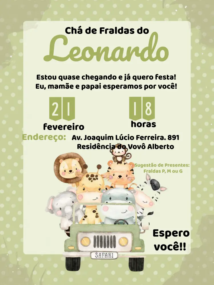 Convite Chá De Fraldas Safari P