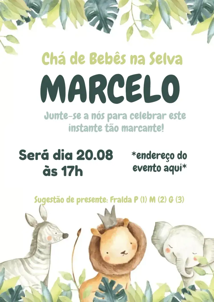 Convite Chá De Fraldas Safari Selva – tema Chá de Fraldas selva, animais, verde, lúdico, tropical, colorido