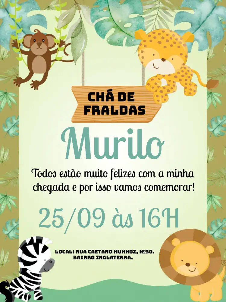 Convite Chá De Fraldas Safari Verde – tema Chá de Fraldas safari, selva, animais, verde, marrom, lúdico