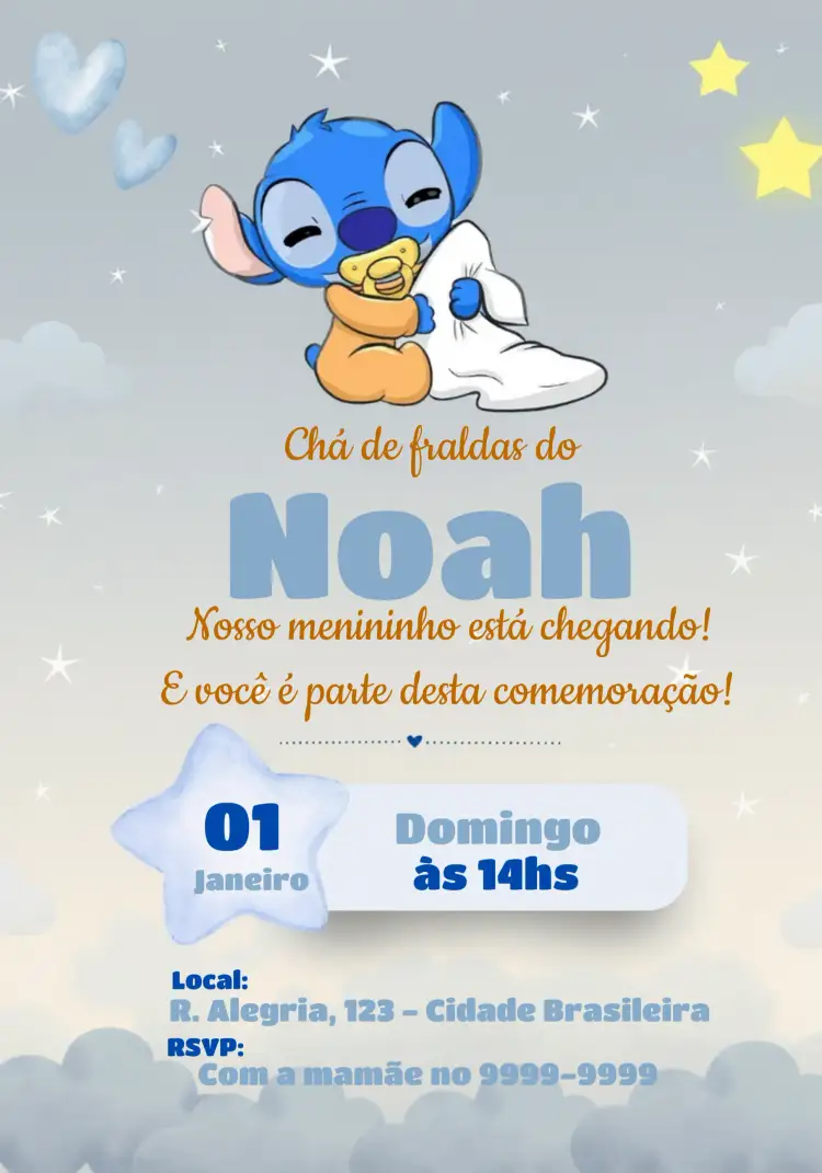 Convite Chá De Fraldas Stitch Baby Presente – tema Chá de Fraldas personagem infantil, céu, estrelas