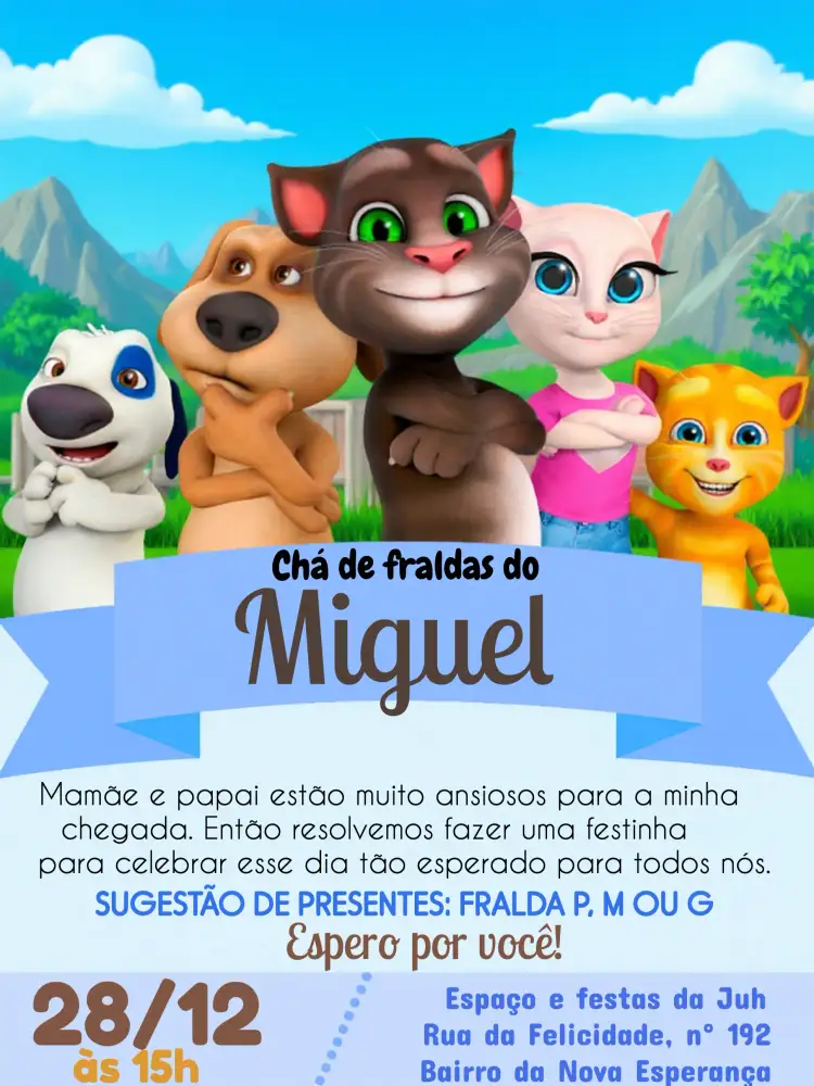 Convite Chá De Fraldas Talking Tom Branco – tema Chá de Fraldas divertido, moderno, colorido, infantil, animado, minimalista