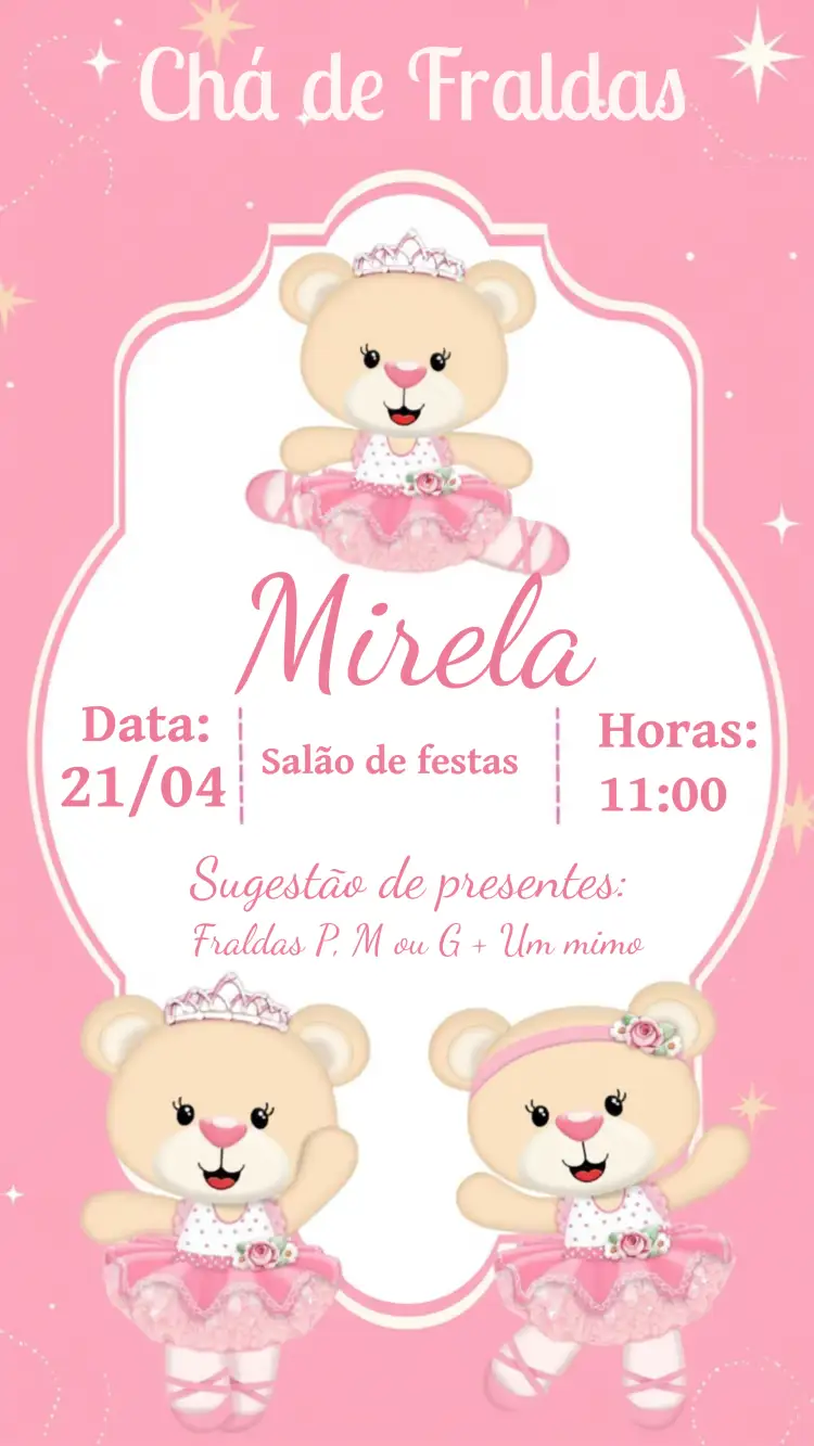 Convite Chá De Fraldas Ursinha Bailarina Bebê – tema Chá de Fraldas rosa, bailarina, lúdico, infantil, delicado