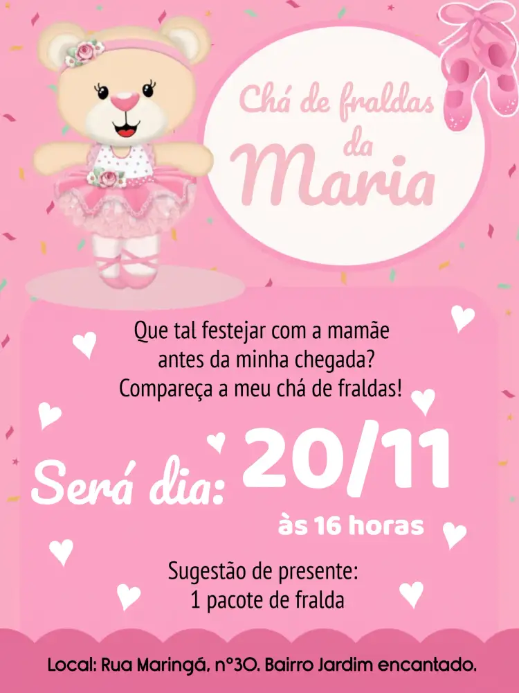 Convite Chá De Fraldas Ursinha Bailarina Cha – tema Chá de Fraldas rosa, branco, floral, balé, infantil, delicado