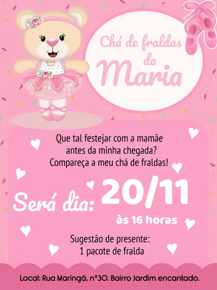Convite Chá De Fraldas Ursinha Bailarina Cha
