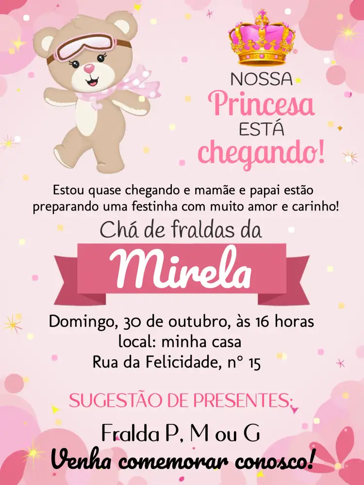 Convite Chá De Fraldas Ursinha Baloeira Bebê – tema Chá de Fraldas rosa e branco, estilo de realeza, elementos infantis, design moderno, fofo e divertido, ilustrações delicadas
