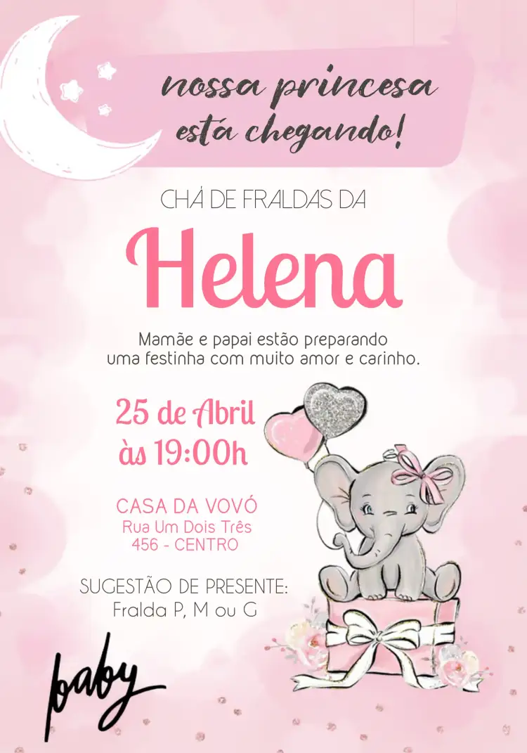 Convite Chá De Fraldas Ursinha Baloeira Elefante Rosa Bebê – tema Chá de Fraldas delicado, fofo, colorido, moderno, infantil, minimalista