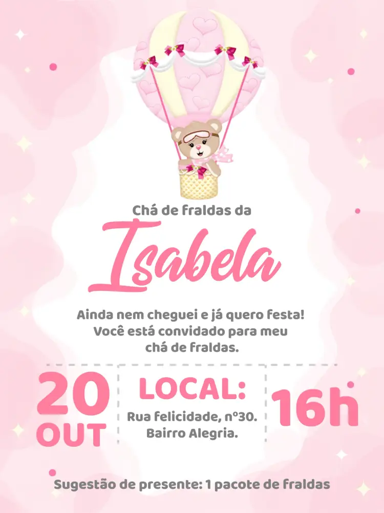 Convite Chá De Fraldas Ursinha Baloeira Nuvem