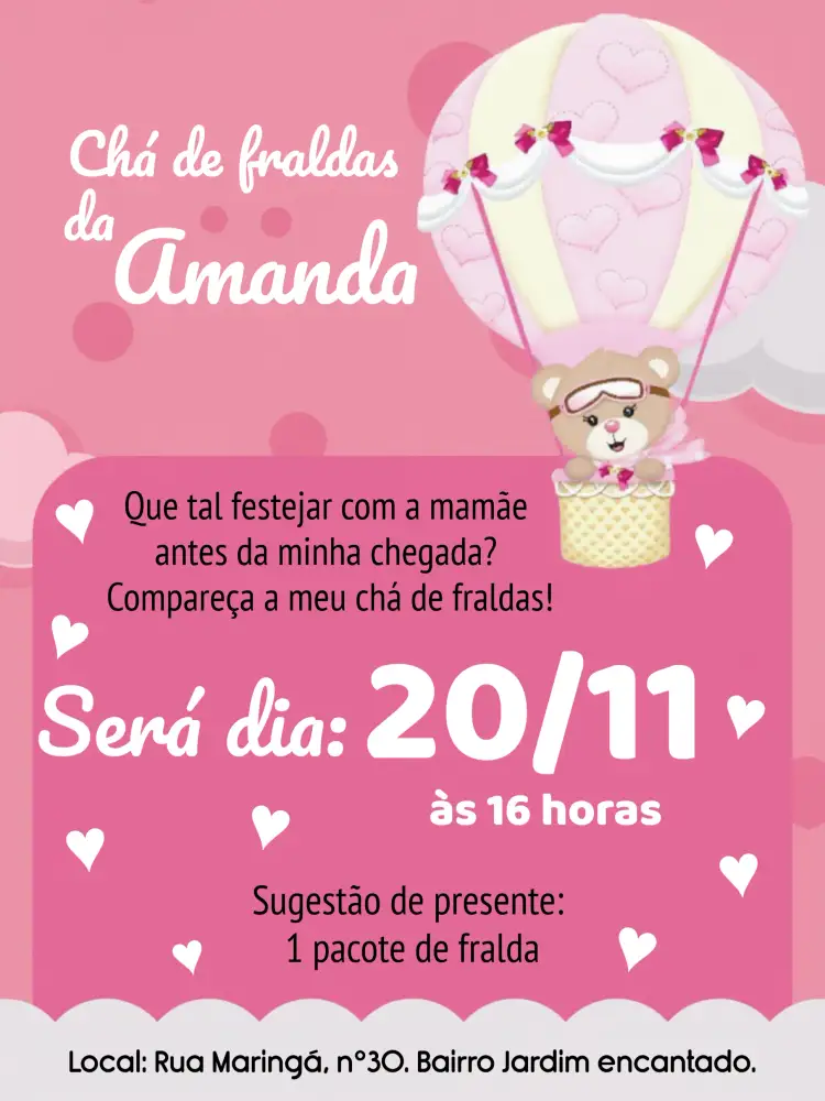 Convite Chá De Fraldas Ursinha Baloeira Rosa – tema Chá de Panela rosa e branco, infantil, fofo, balões, ursinhas, moderno