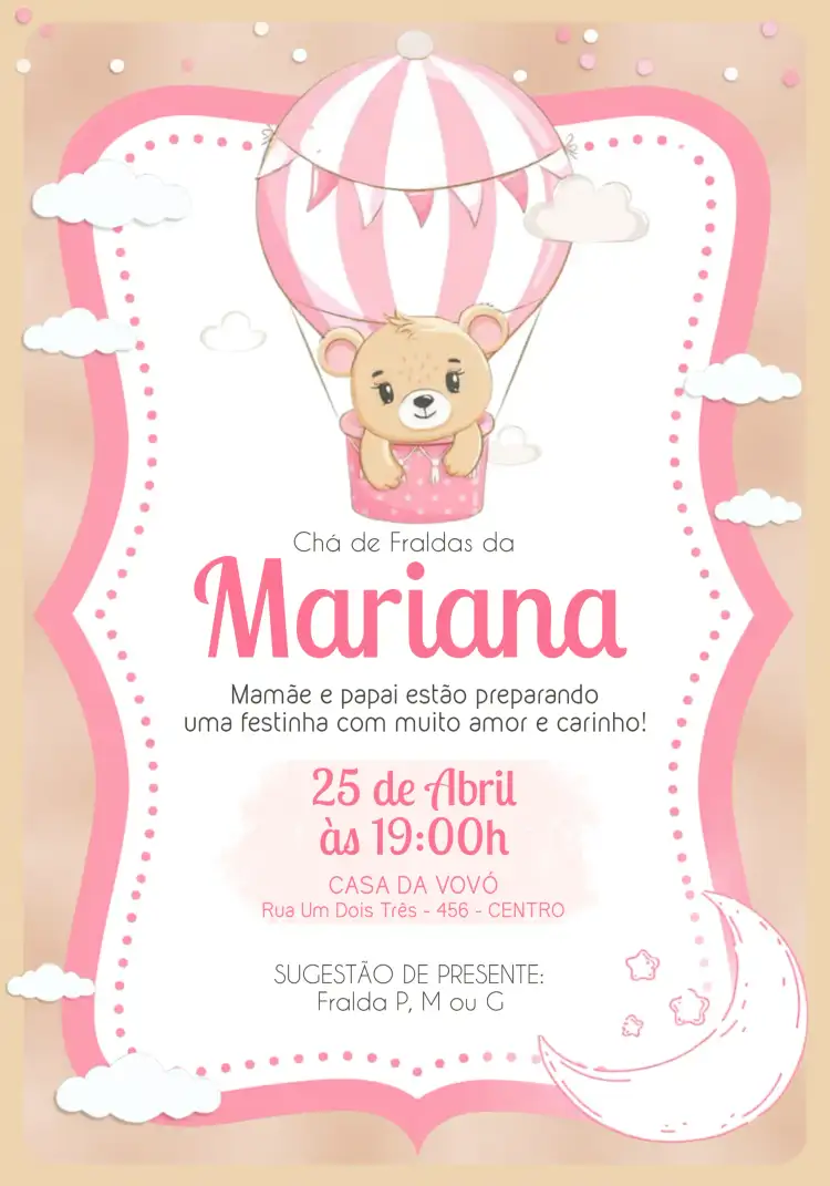 Chá De Fraldas Ursinha Baloeira Rosa Menina Bebê