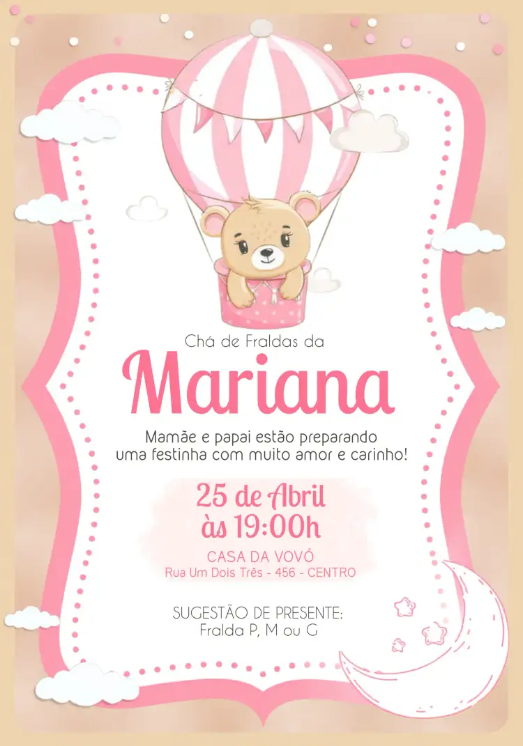Convite Chá De Fraldas Ursinha Baloeira Rosa Menina Bebê – tema Chá de Fraldas rosa, delicado, infantil, lúdico, feminino, fofo
