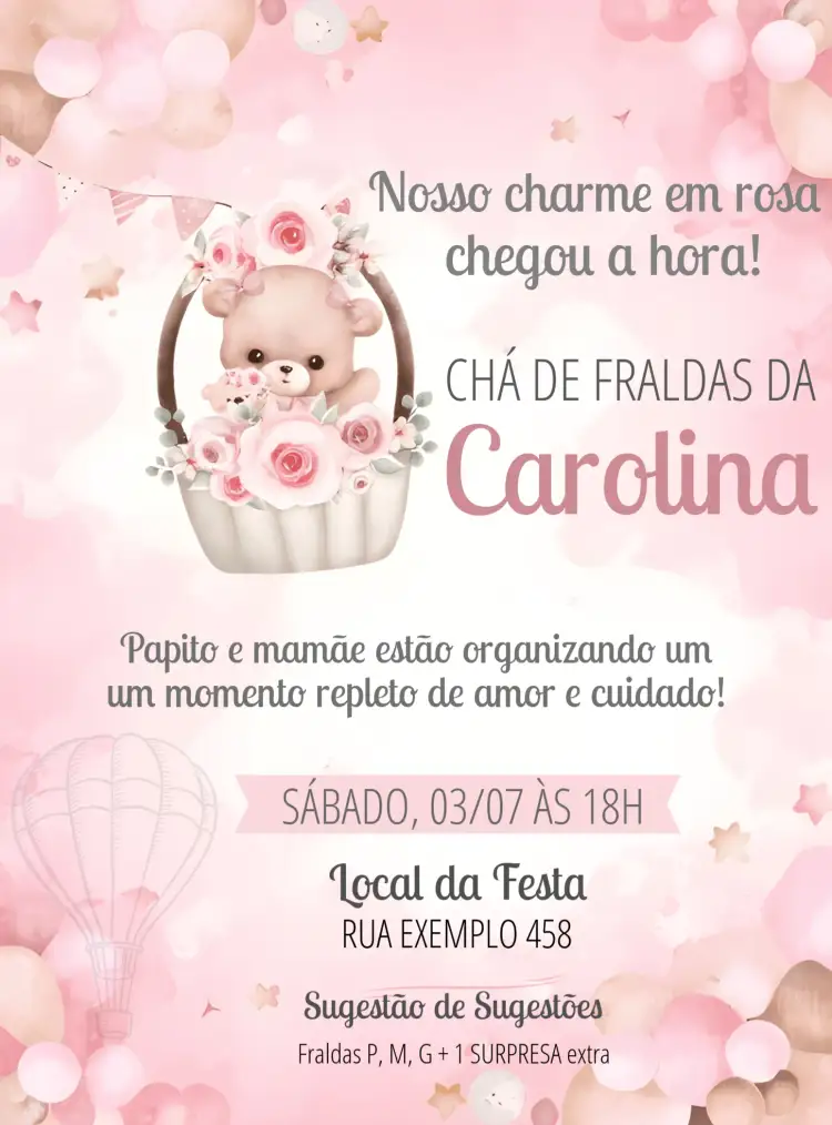 Convite Chá De Fraldas Ursinha Baloieira Baloeira – tema Chá de Fraldas rosa, delicado, lúdico, fofo, moderno