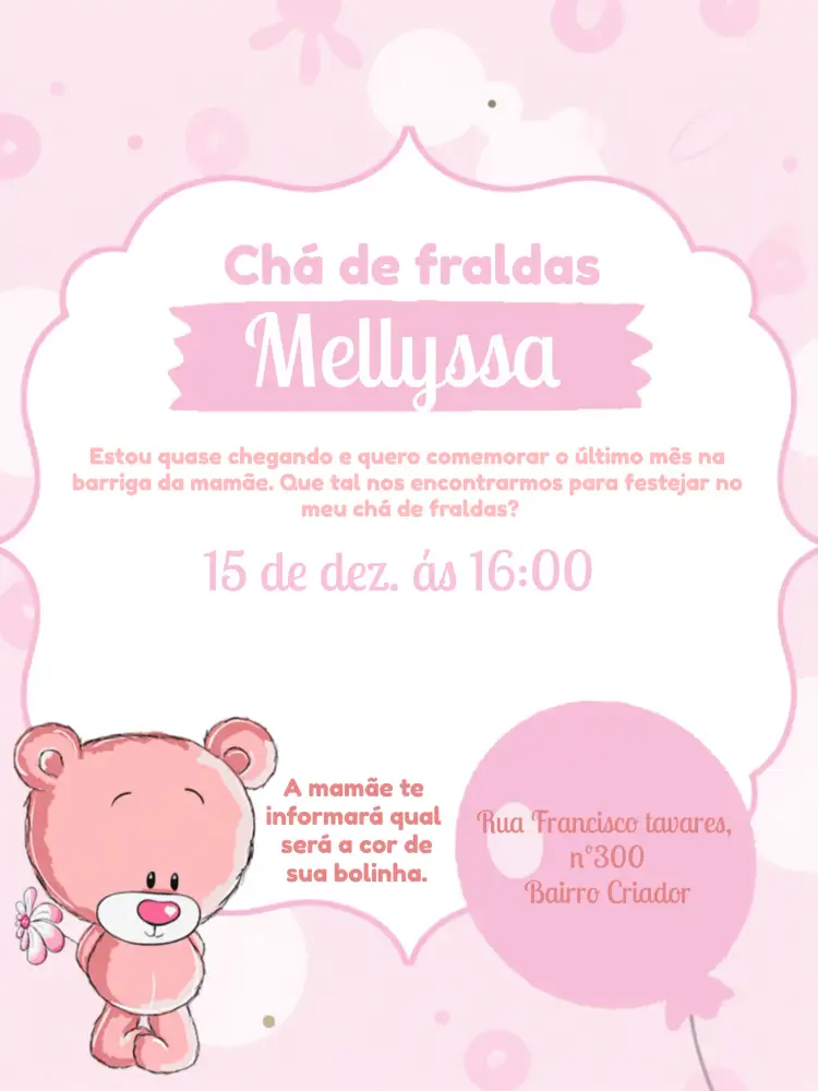 Convite Chá De Fraldas Ursinha Branco – tema Chá de Fraldas ursinha, branco e rosa, lúdico, delicado, festivo, infantil
