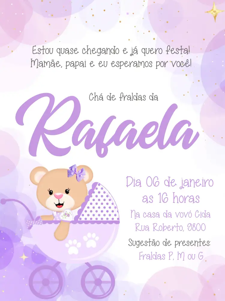 Convite Chá De Fraldas Ursinha Lilás Ursa – tema Chá de Fraldas lilás, fofo, delicado, moderno, infantil, minimalista
