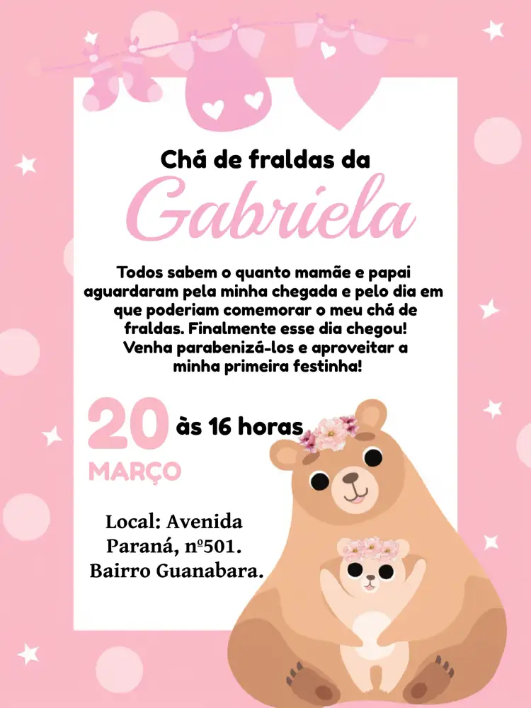 Convite Chá De Fraldas Ursinha Mamãe E Filhote Rosa – tema Chá de Fraldas rosa e branco, fofo, infantil, delicado, animais, moderno