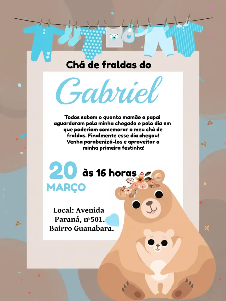 Convite Chá De Fraldas Ursinha Mamãe E Filhote Ursinho