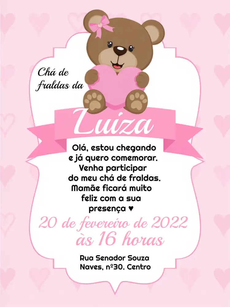 Convite Chá De Fraldas Ursinha Menina – tema Chá de Fraldas cores suaves, ilustrações de animais, elementos de coração, estilo infantil, design moderno, tema rosa e lilás
