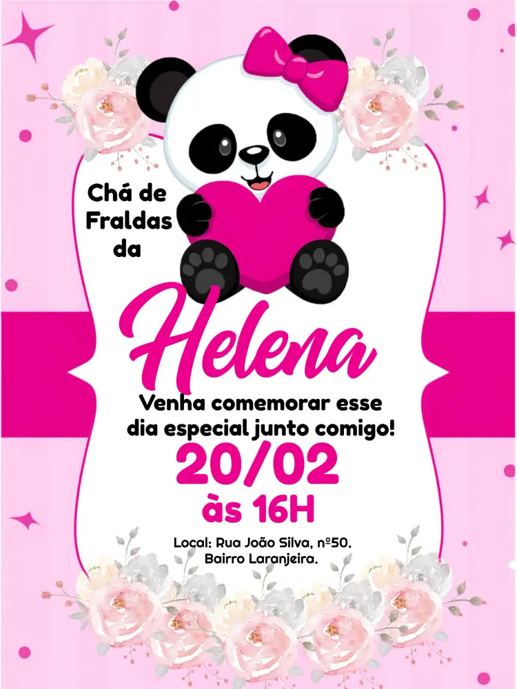 Convite Chá De Fraldas Ursinha Panda Rosa – tema Chá de Fraldas rosa, floral, moderno, fofo, branco, preto