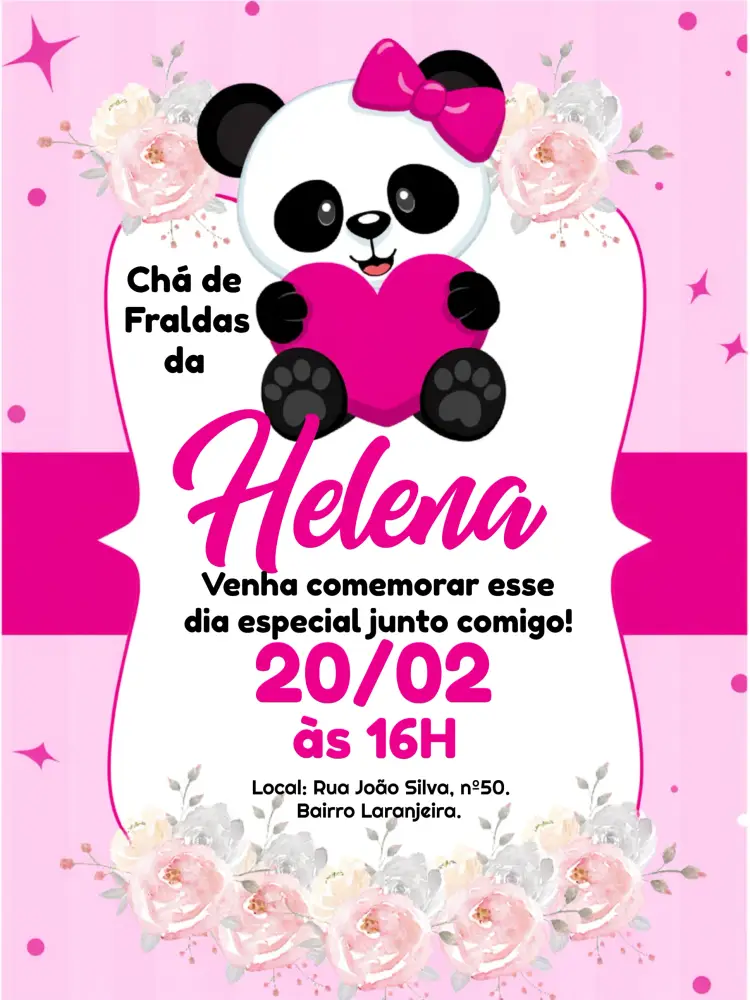 Convite Chá De Fraldas Ursinha Panda Rosa