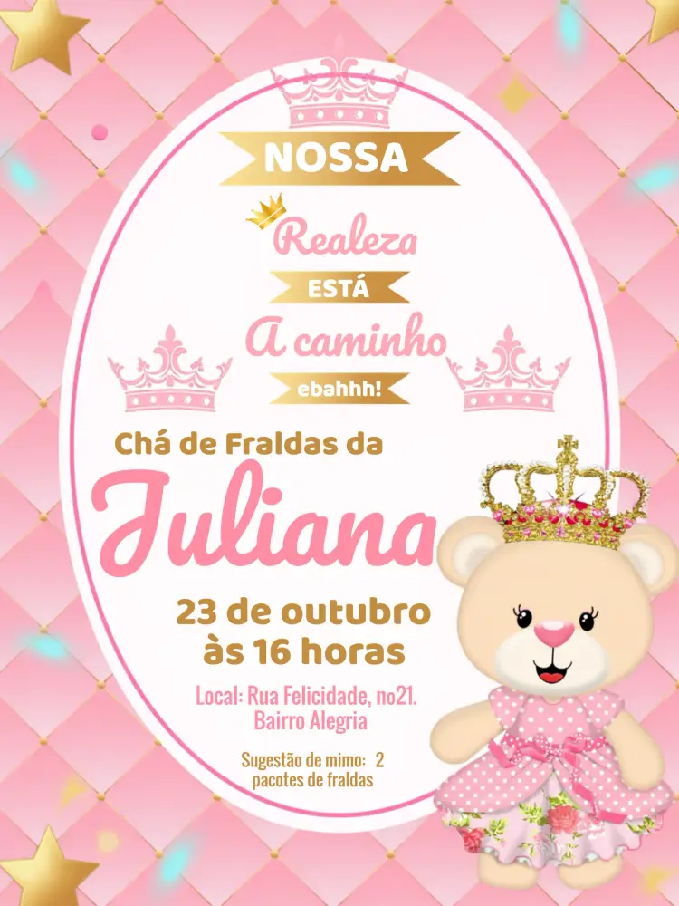 Convite Chá De Fraldas Ursinha Princesa /