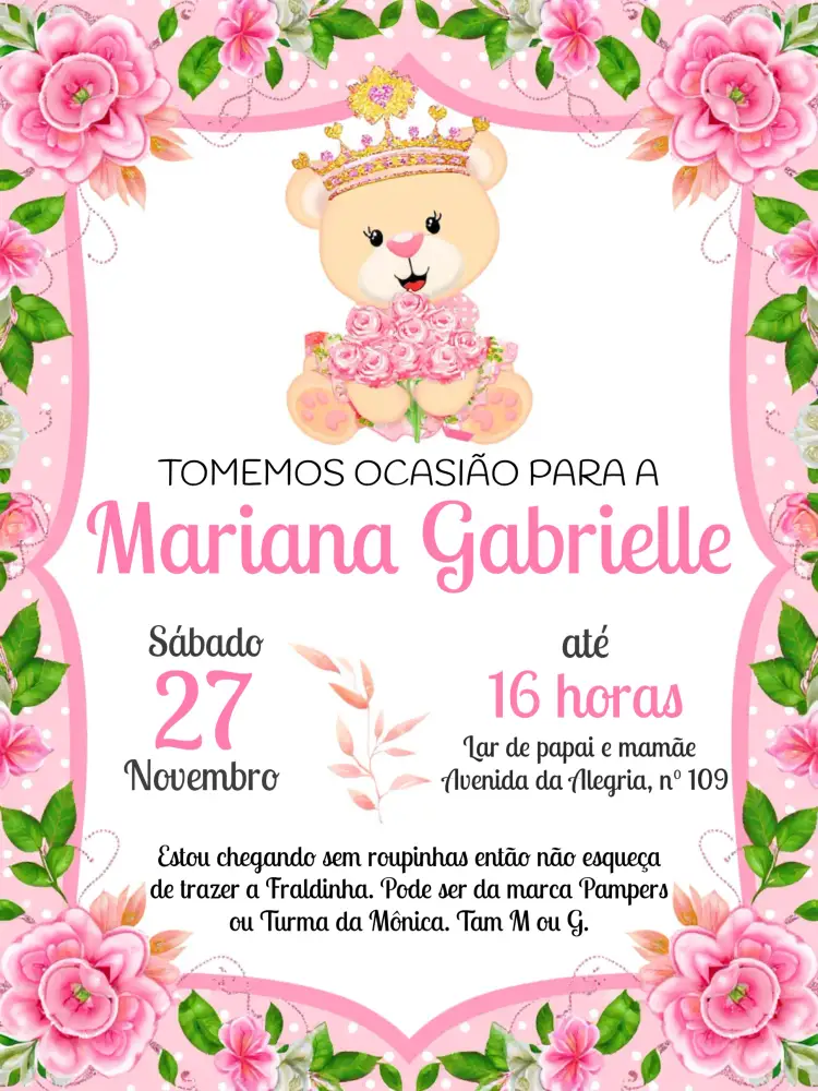Convite Chá De Fraldas Ursinha Princesa Aquarela – tema Chá de Fraldas aquarela, floral, rosa e verde, infantil, delicado, princesa