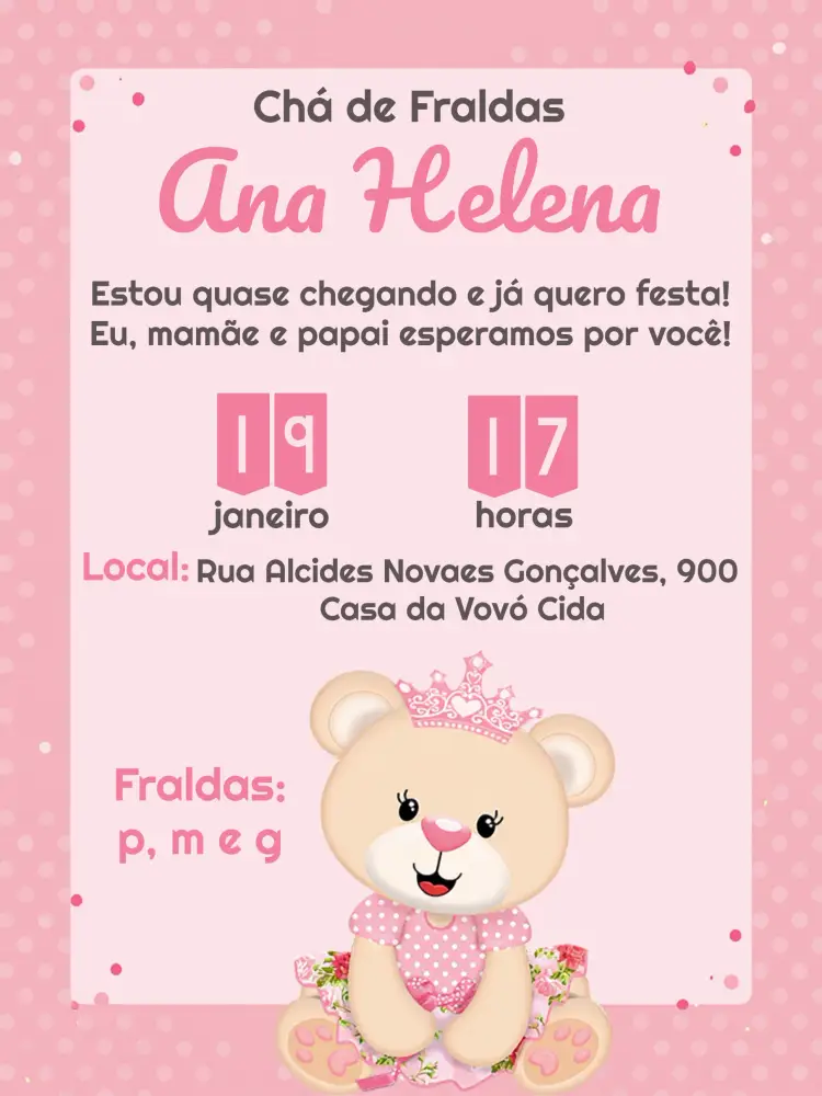 Convite Chá De Fraldas Ursinha Princesa Bebe